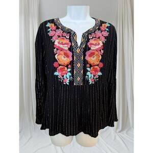 Savanna Jane Boho Embroidered Floral Blouse Black Metallic Stripe Peasant Top L